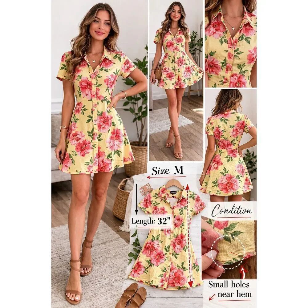 Forever 21 Floral Button Front Dress Yellow Fit Flare Medium Rayon